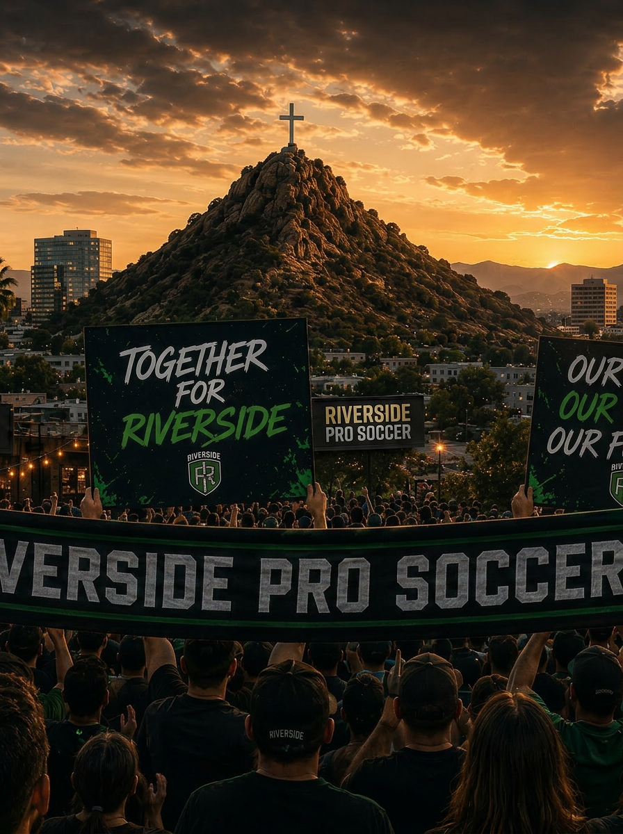 Riverside supporters gathered at sunset with the downtown skyline and Mount Rubidoux behind them
